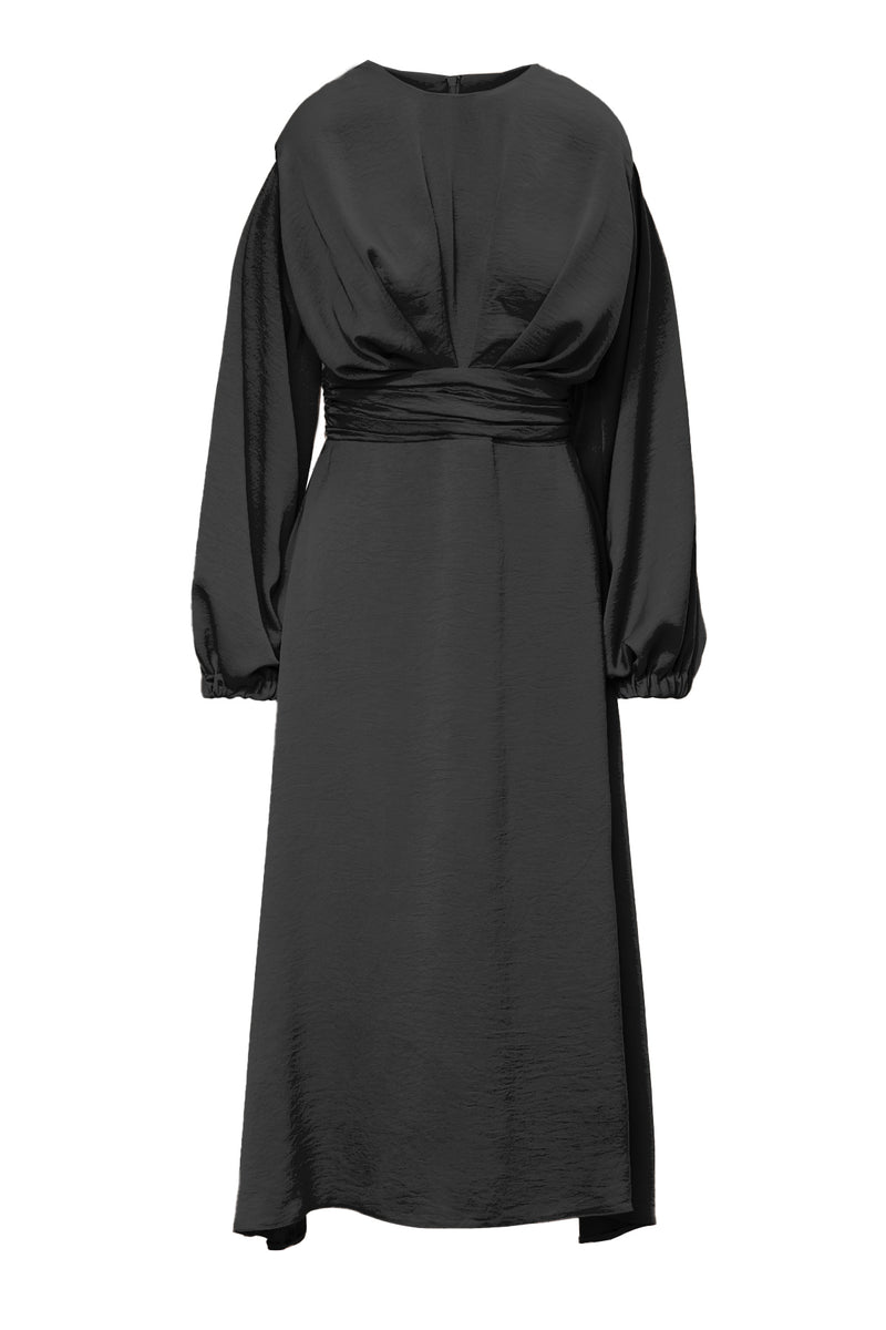 Robe midi noire avec détails d'épaulettes et plis