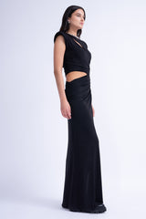 Black Maxi Dress With Asymmetrical Cut-Outs And Oversized Shoulders