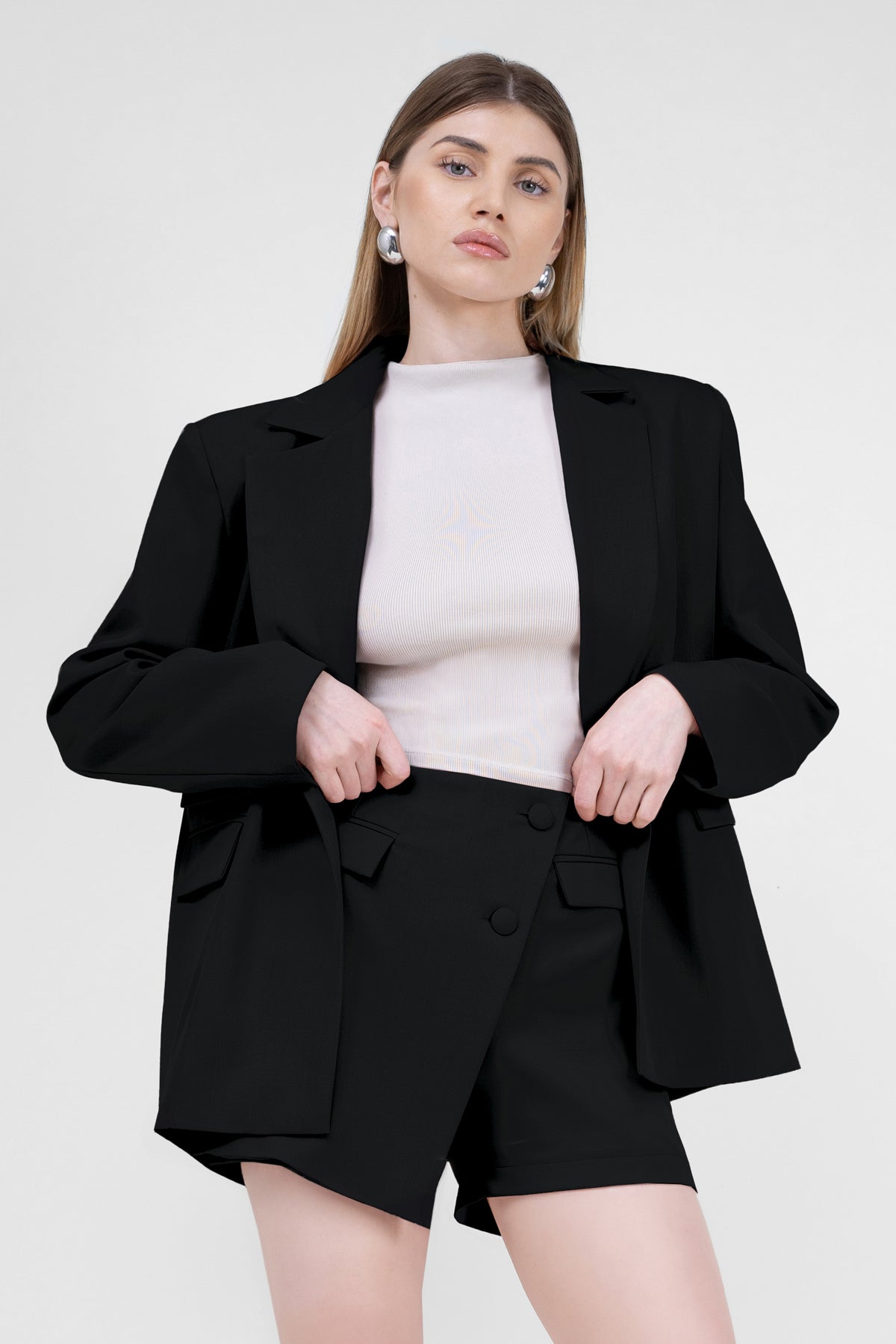 Black Suit With Regular Blazer With Double Pocket And Skort