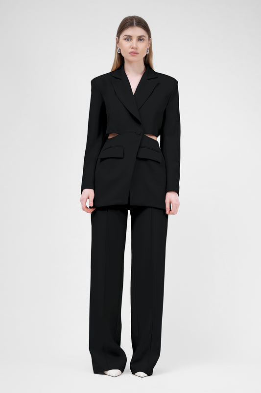 Black Suit With Blazer With Waistline Cut-Out And Stripe Detail Trousers