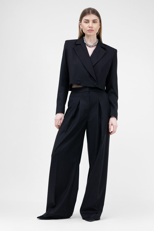 Black Suit With Cropped Blazer And Ultra Wide Leg Trousers