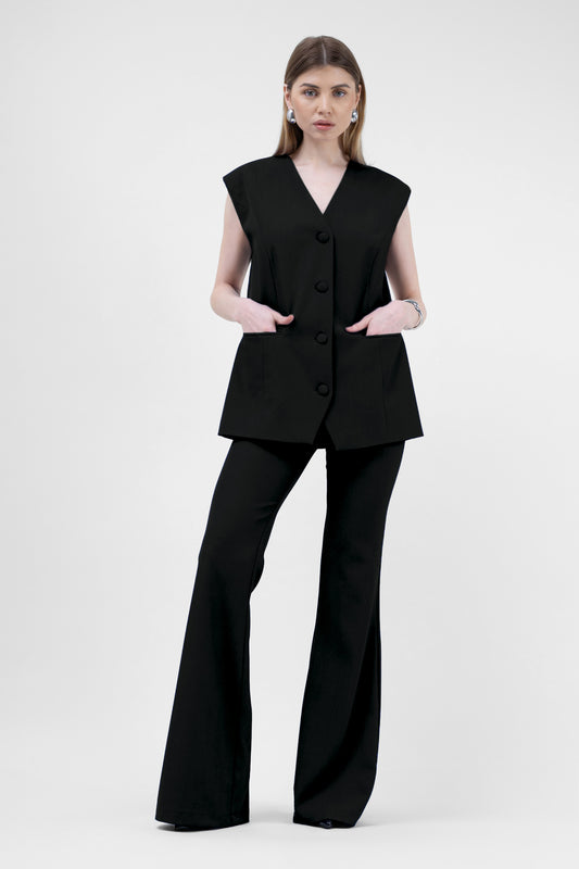 Black Suit With Oversized Vest And Flared Trousers