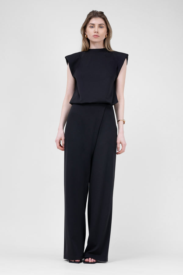 Black Set With T-shirt And Asymmetrical Wide Leg Trousers
