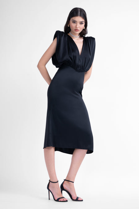 Black midi dress with v-sharped draped bodice