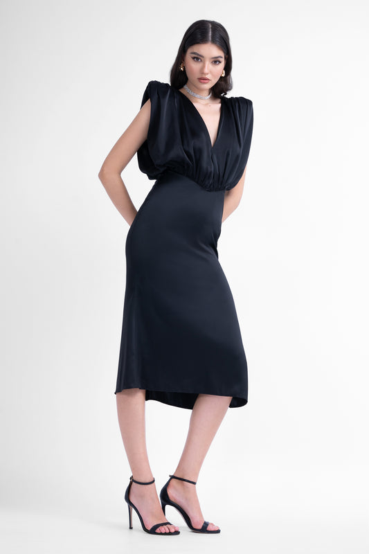 Black midi dress with v-sharped draped bodice