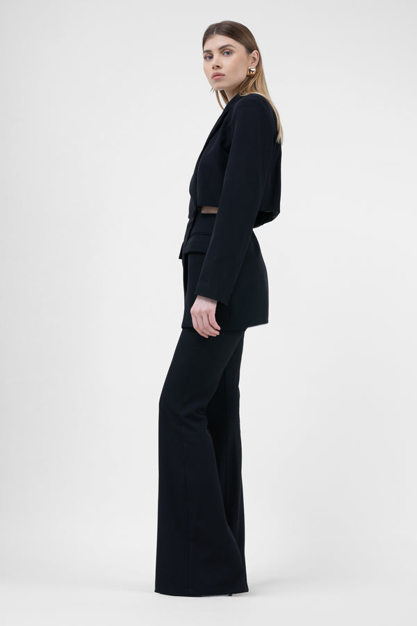 Black Suit With Blazer With Waistline Cut-Out And Flared Trousers
