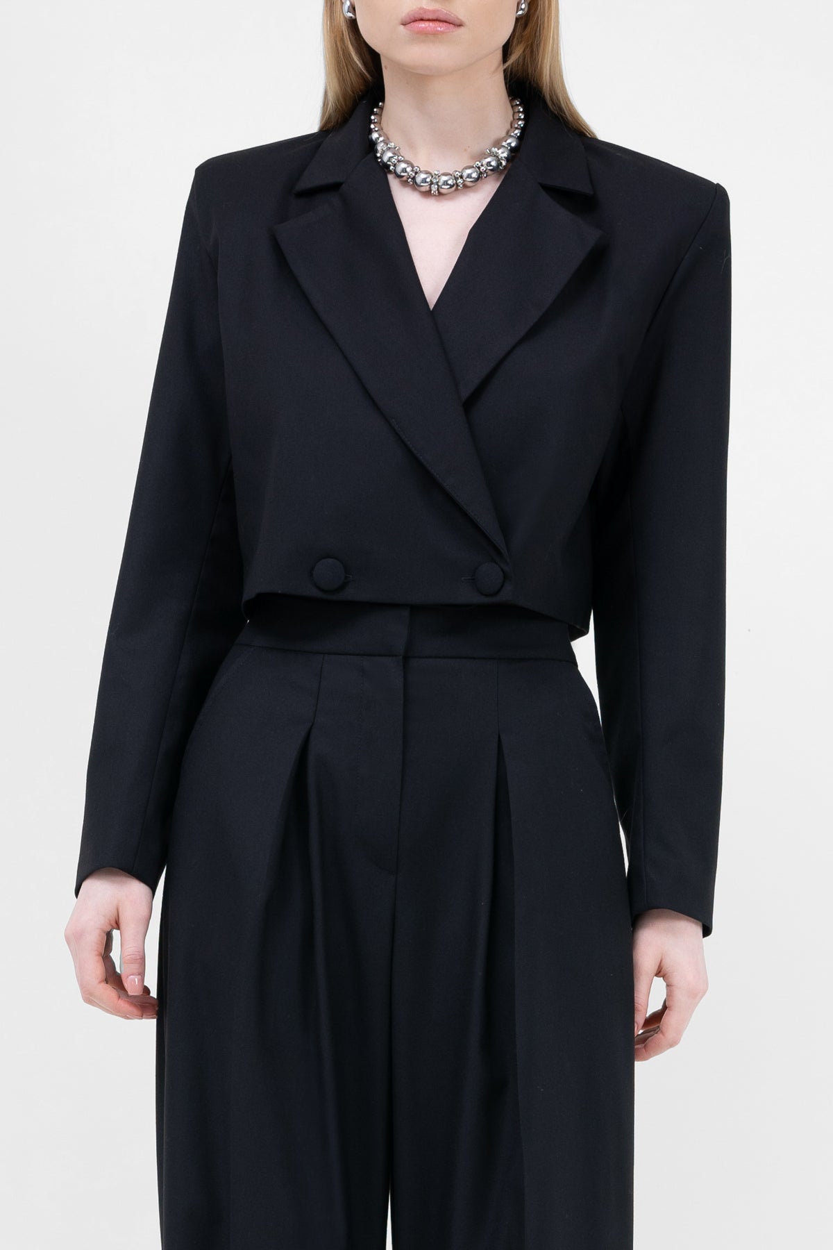 Black Suit With Cropped Blazer And Ultra Wide Leg Trousers