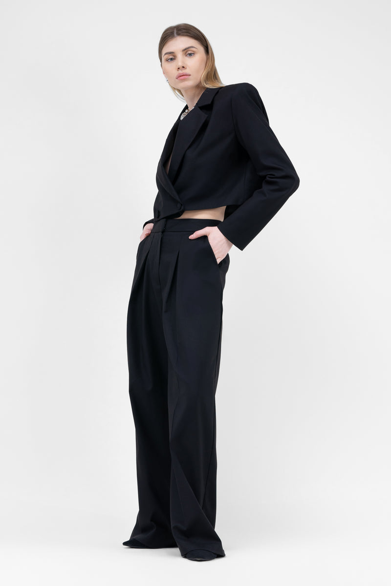 Black Suit With Cropped Blazer And Ultra Wide Leg Trousers