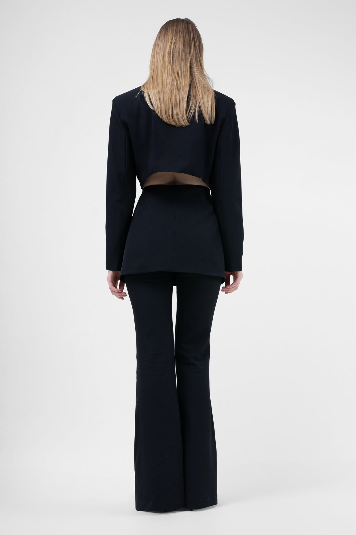 Black Suit With Blazer With Waistline Cut-Out And Flared Trousers