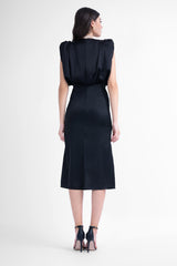Black midi dress with v-sharped draped bodice