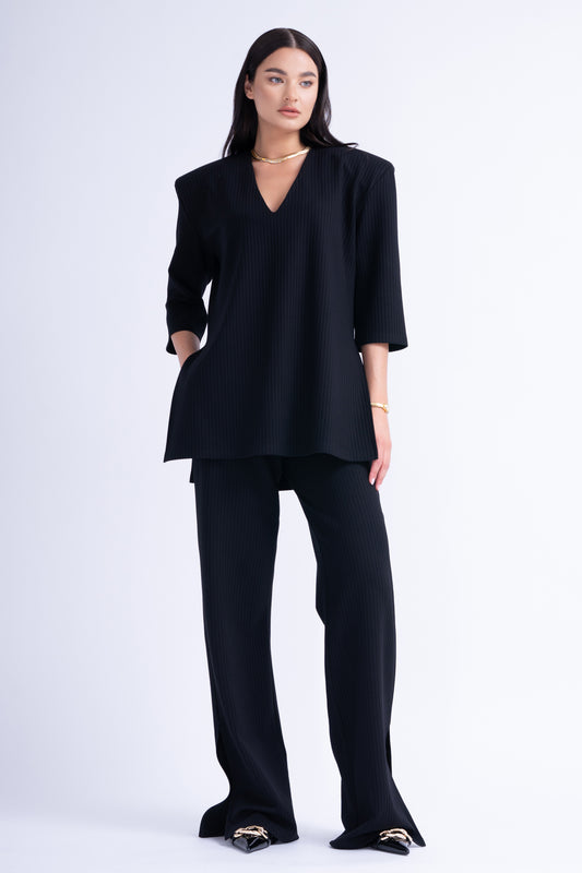 Ribbed Black Matching Set With Blouse And Trousers With Slit