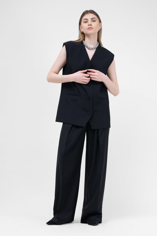 Black Suit With Oversized Vest And Ultra Wide Leg Trousers