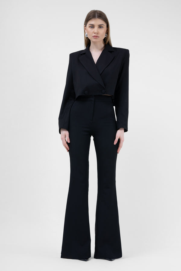 Black Suit With Cropped Blazer And Flared Trousers