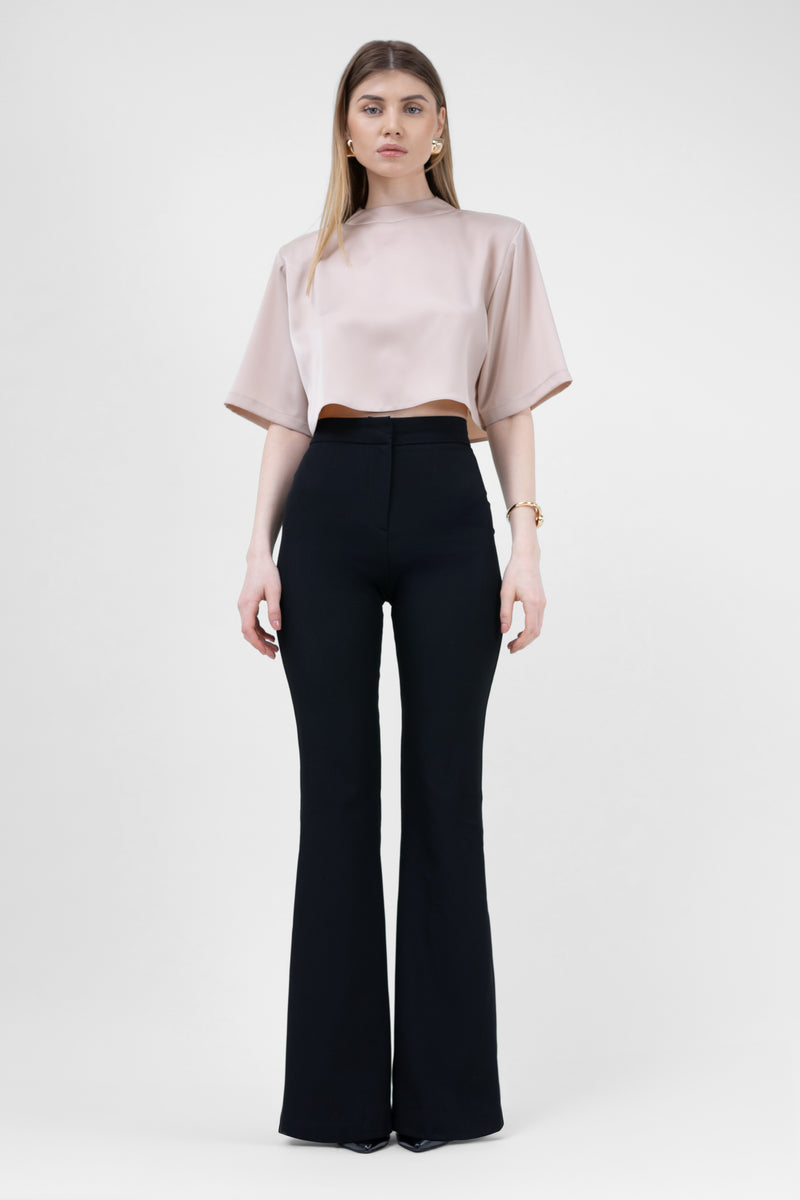 Black High-Waisted Flared Trousers