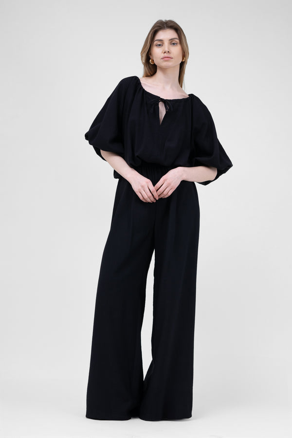 Black Linen Matching set with flowy blouse and wide leg trousers