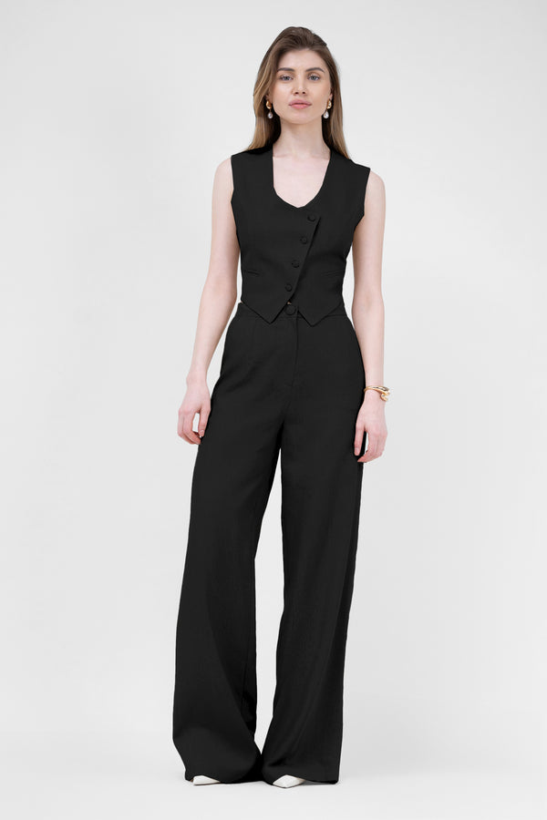 Black Linen Suit With Cut-Out Vest And Straight-Cut Trousers