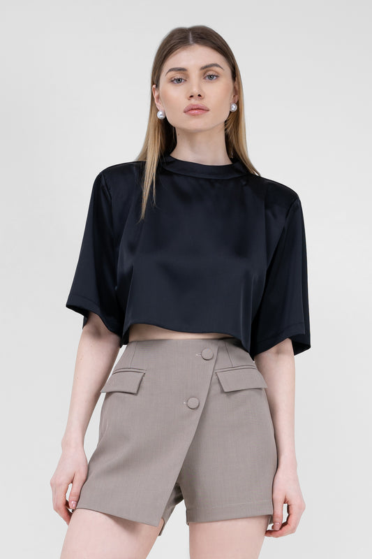 Black Cropped Satin T-shirt