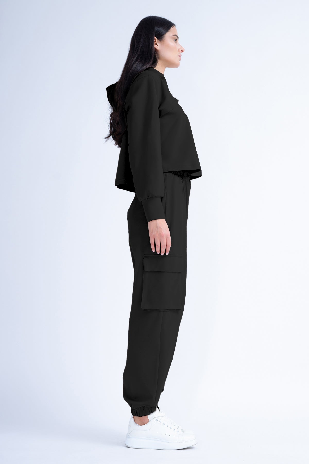 Black Matching Set With  Cut-Out Hoodie And Cargo Pants