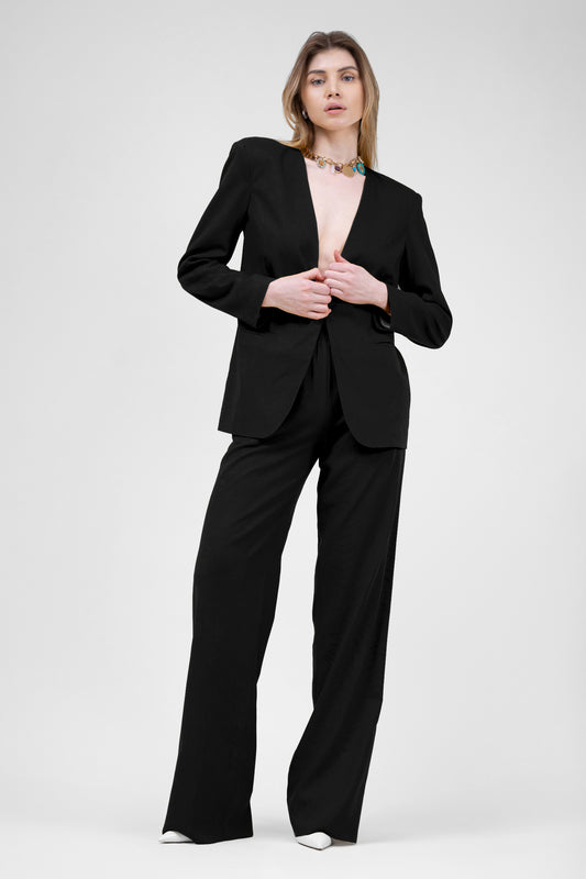 Black linen suit with blazer and straight trousers