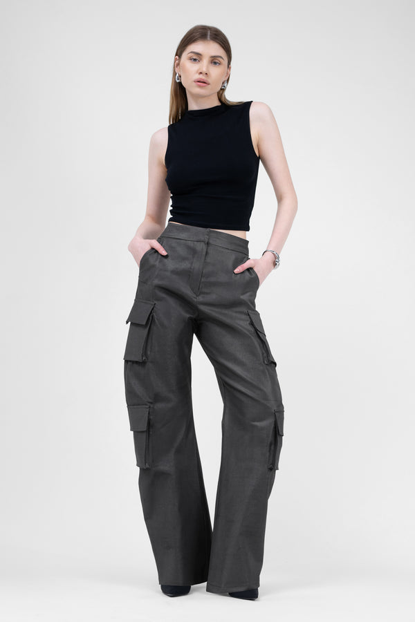 Black Denim Cargo Trousers With Pockets