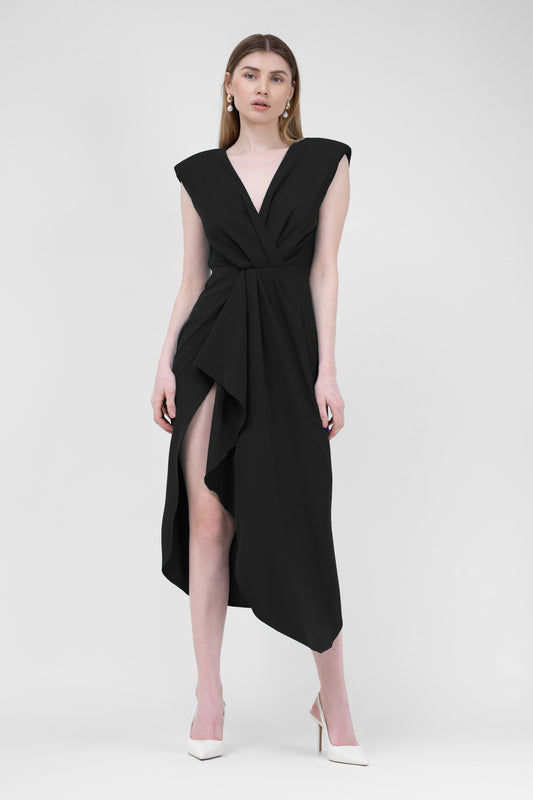 Midi Black Dress With Draping And Pleats