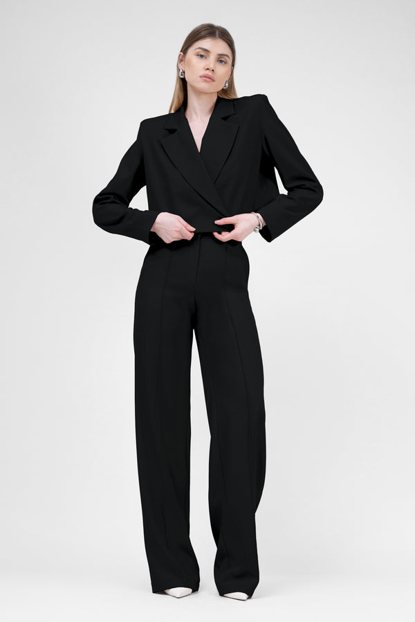 Black Suit With Cropped Blazer And Stripe Detail Trousers