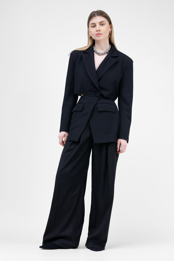 Black Suit With Blazer With Waistline Cut-Out And Ultra Wide Leg Trousers