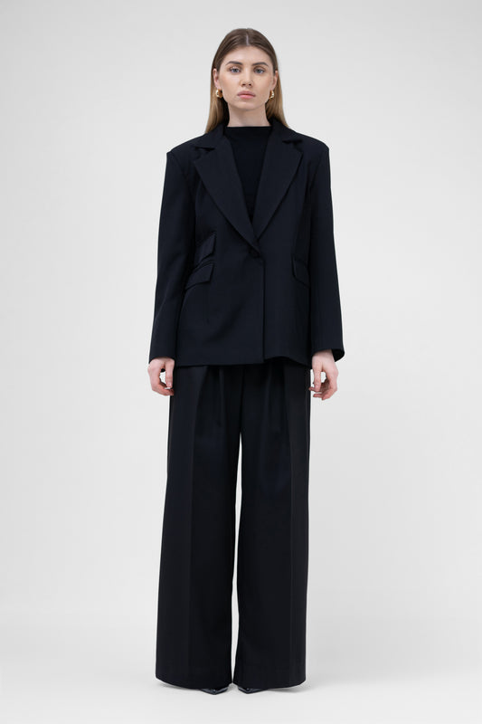 Black Suit With Regular Blazer With Double Pocket And Ultra Wide Leg Trousers