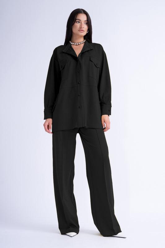 Black Matching Set With Oversized Shirt And Wide Leg Trousers