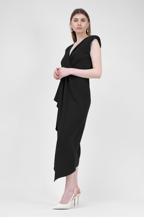 Midi Black Dress With Draping And Pleats