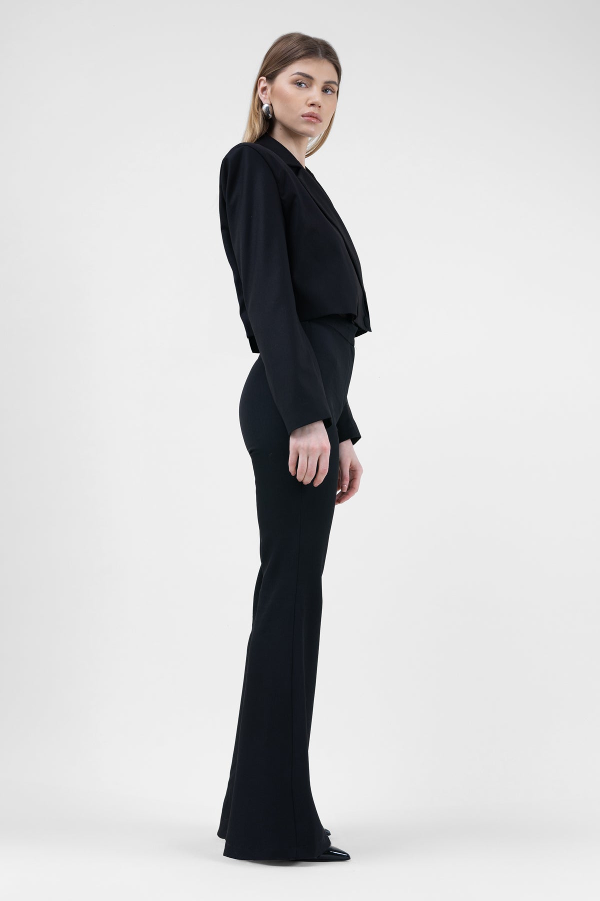 Black Suit With Cropped Blazer And Flared Trousers