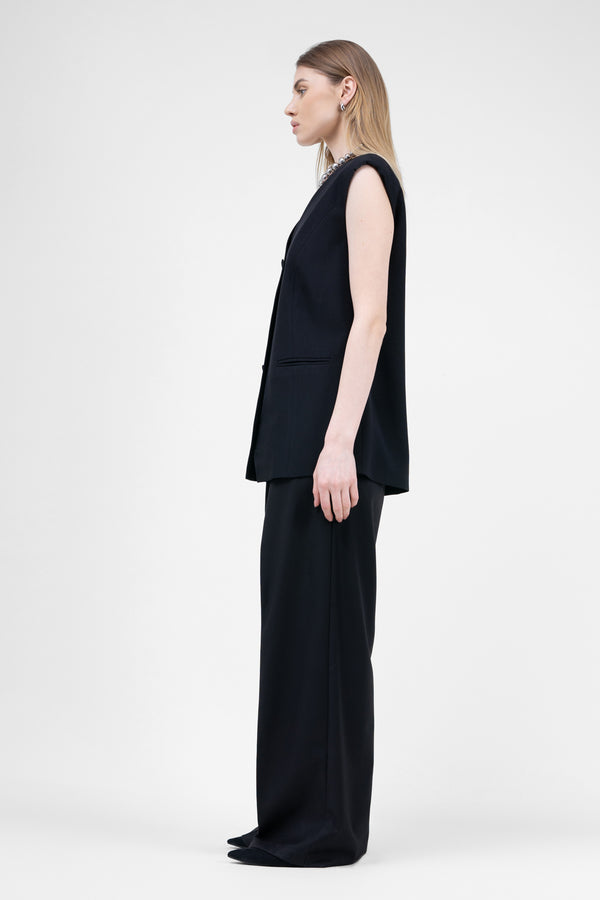 Black Suit With Oversized Vest And Ultra Wide Leg Trousers
