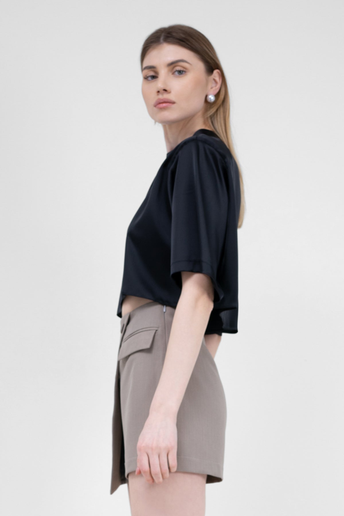 Black Cropped Satin T-shirt