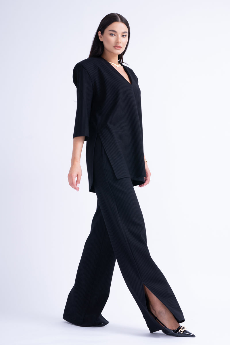 Ribbed Black Matching Set With Blouse And Trousers With Slit