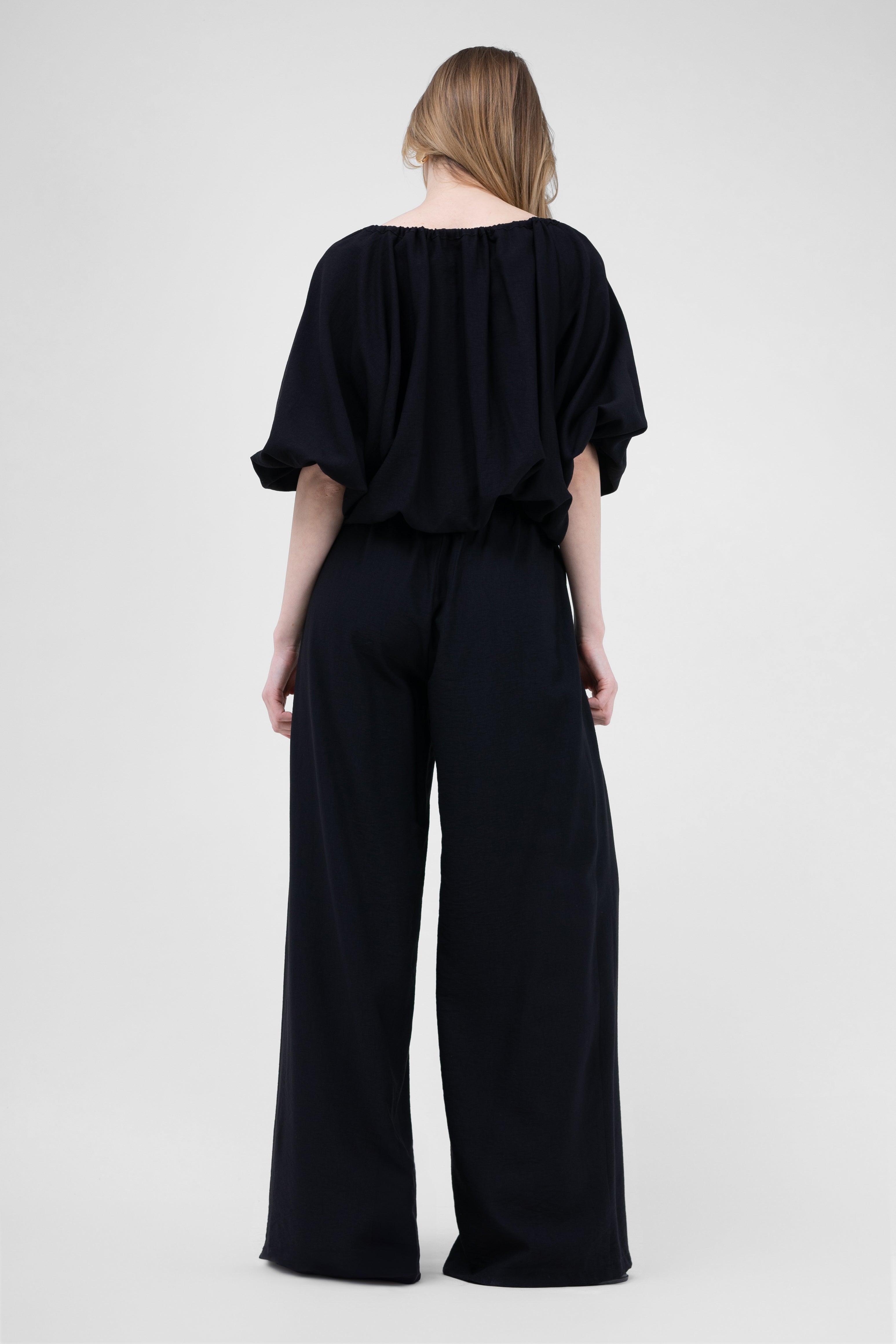 Black Linen Matching set with flowy blouse and wide leg trousers