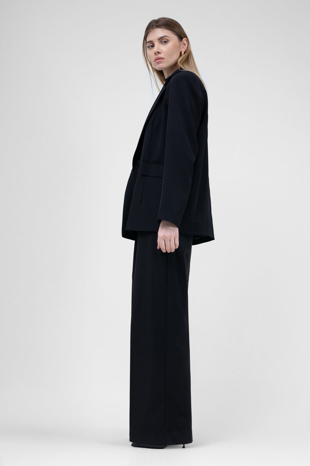 Black Suit With Regular Blazer With Double Pocket And Ultra Wide Leg Trousers