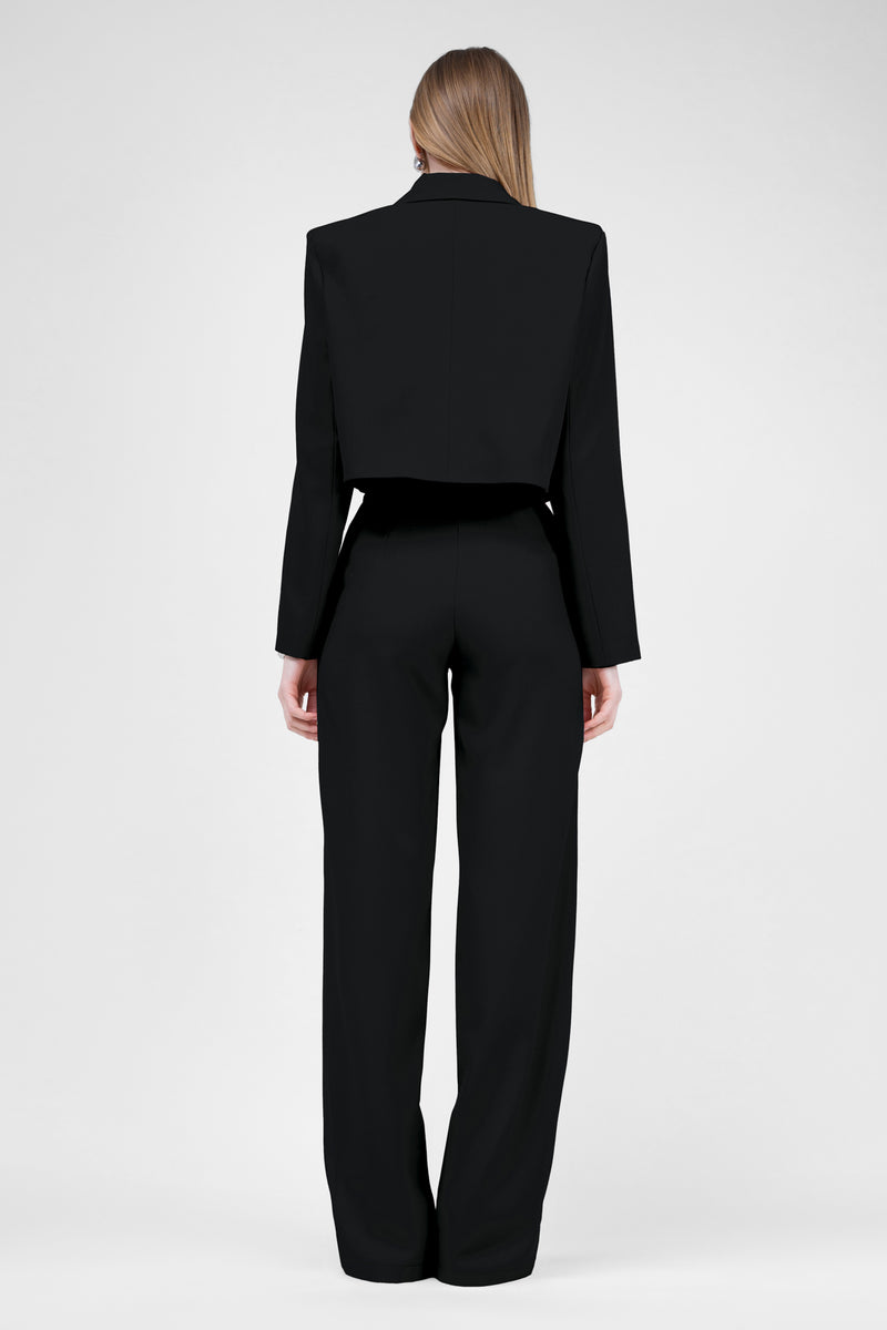 Black Suit With Cropped Blazer And Stripe Detail Trousers