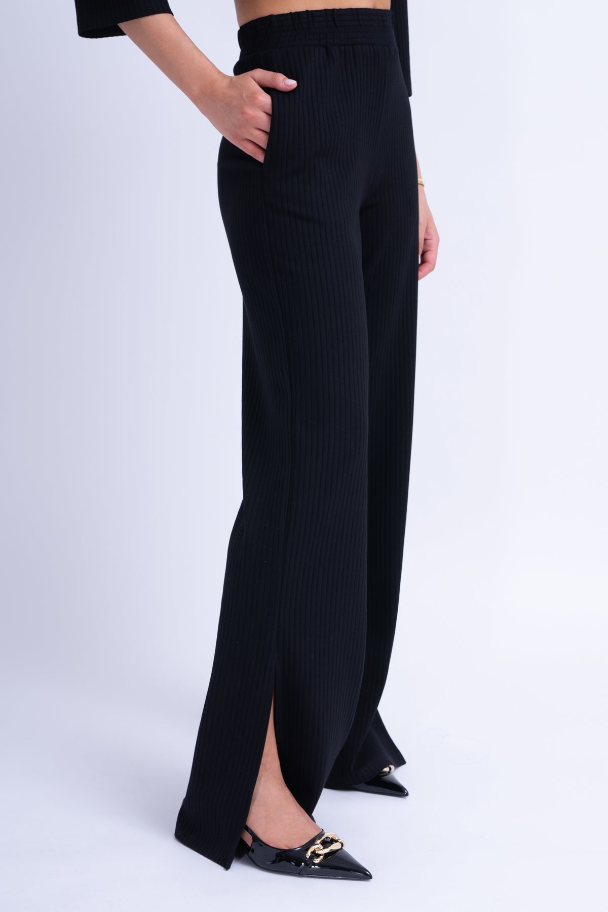 Ribbed Black Matching Set With Blouse And Trousers With Slit