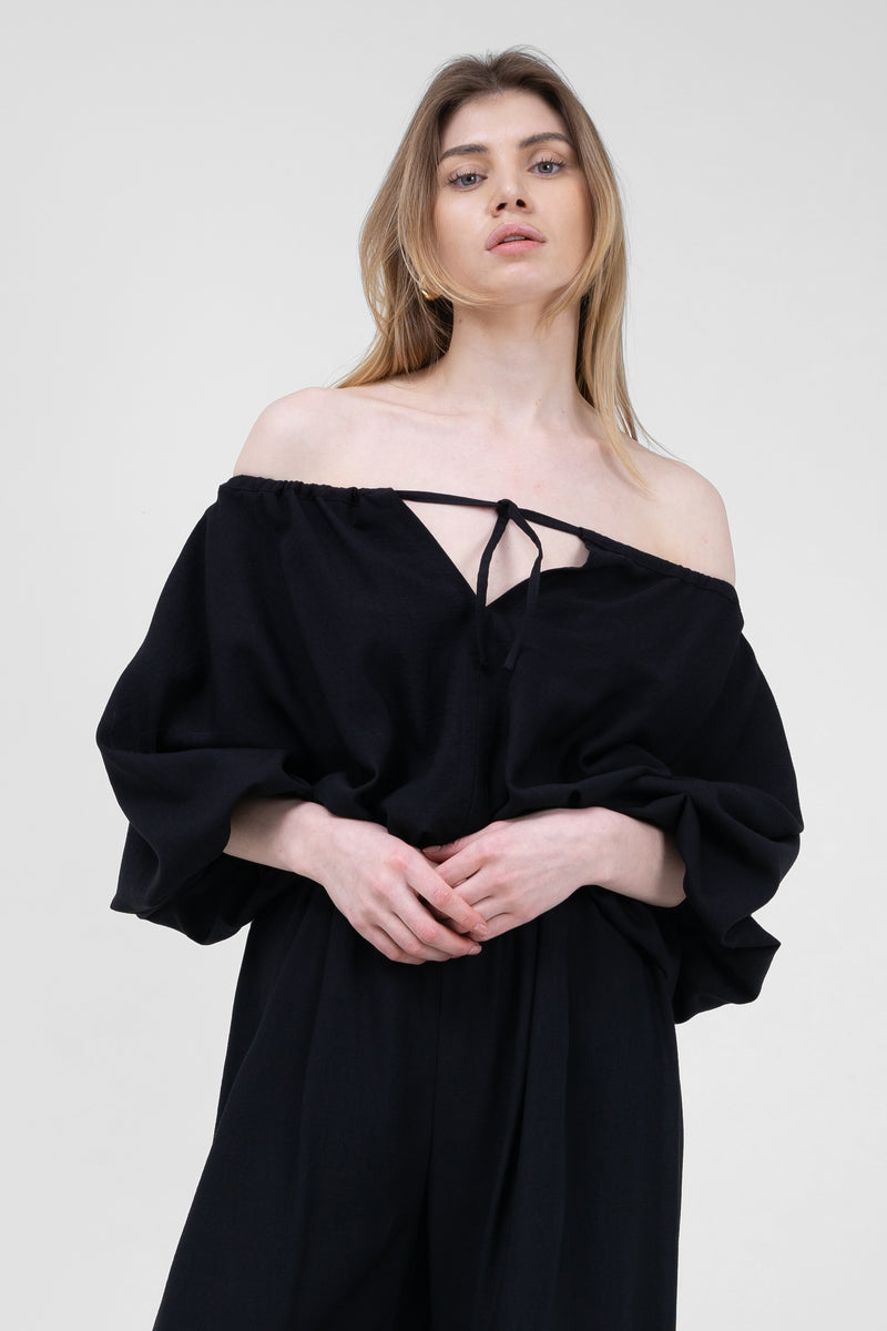 Black Linen Matching set with flowy blouse and wide leg trousers