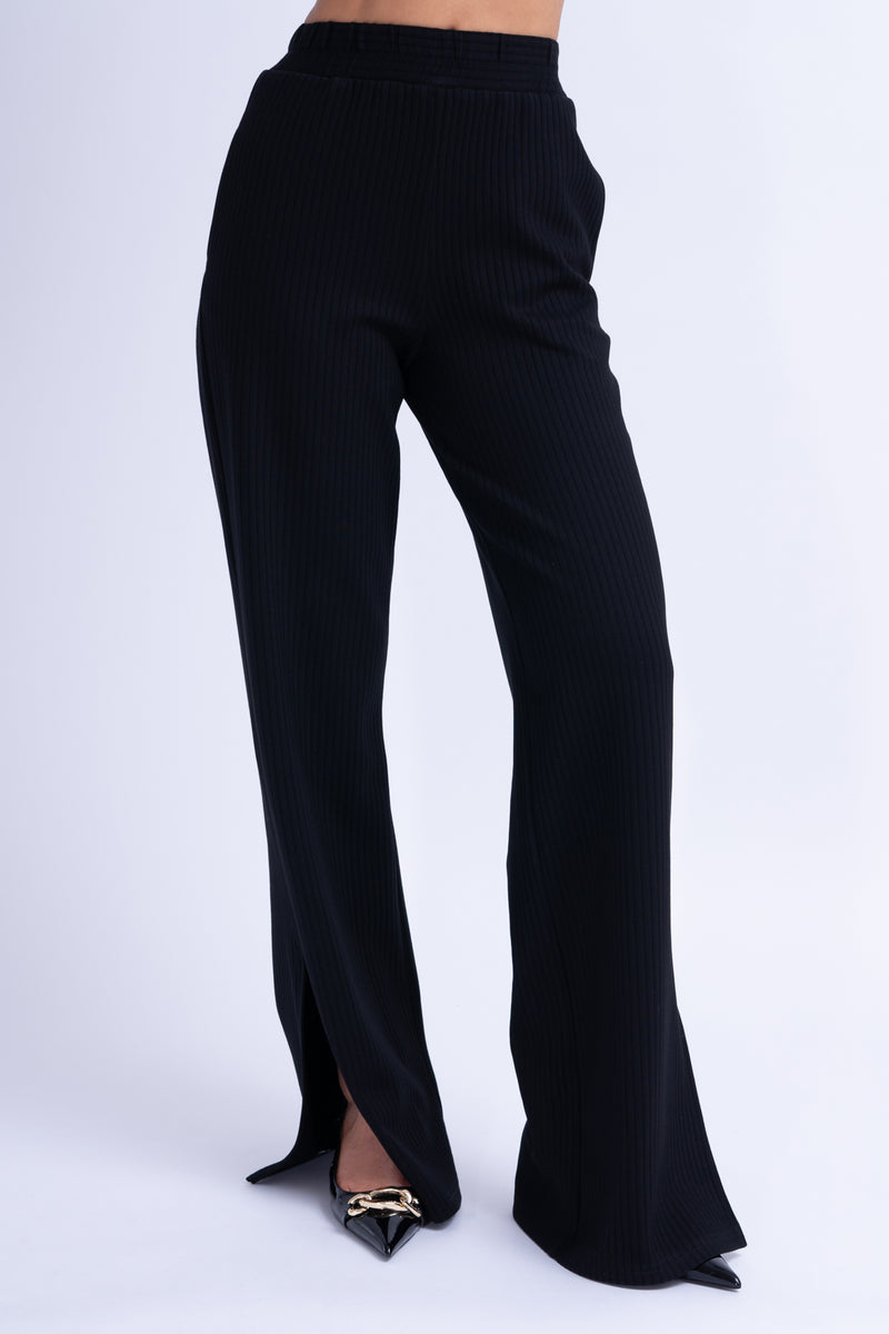 Ribbed Black Matching Set With Blouse And Trousers With Slit