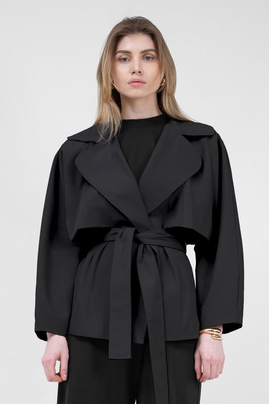 Black short trench coat with waist belt