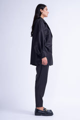Black Leather Suit With Oversized Blazer And High-Waist Slim Fit Trousers