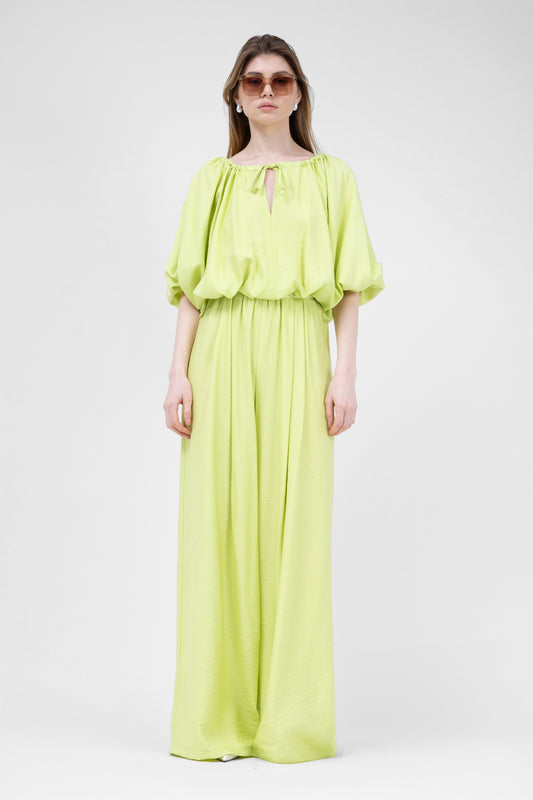 Neon Linen matching set with flowy blouse and wide leg trousers