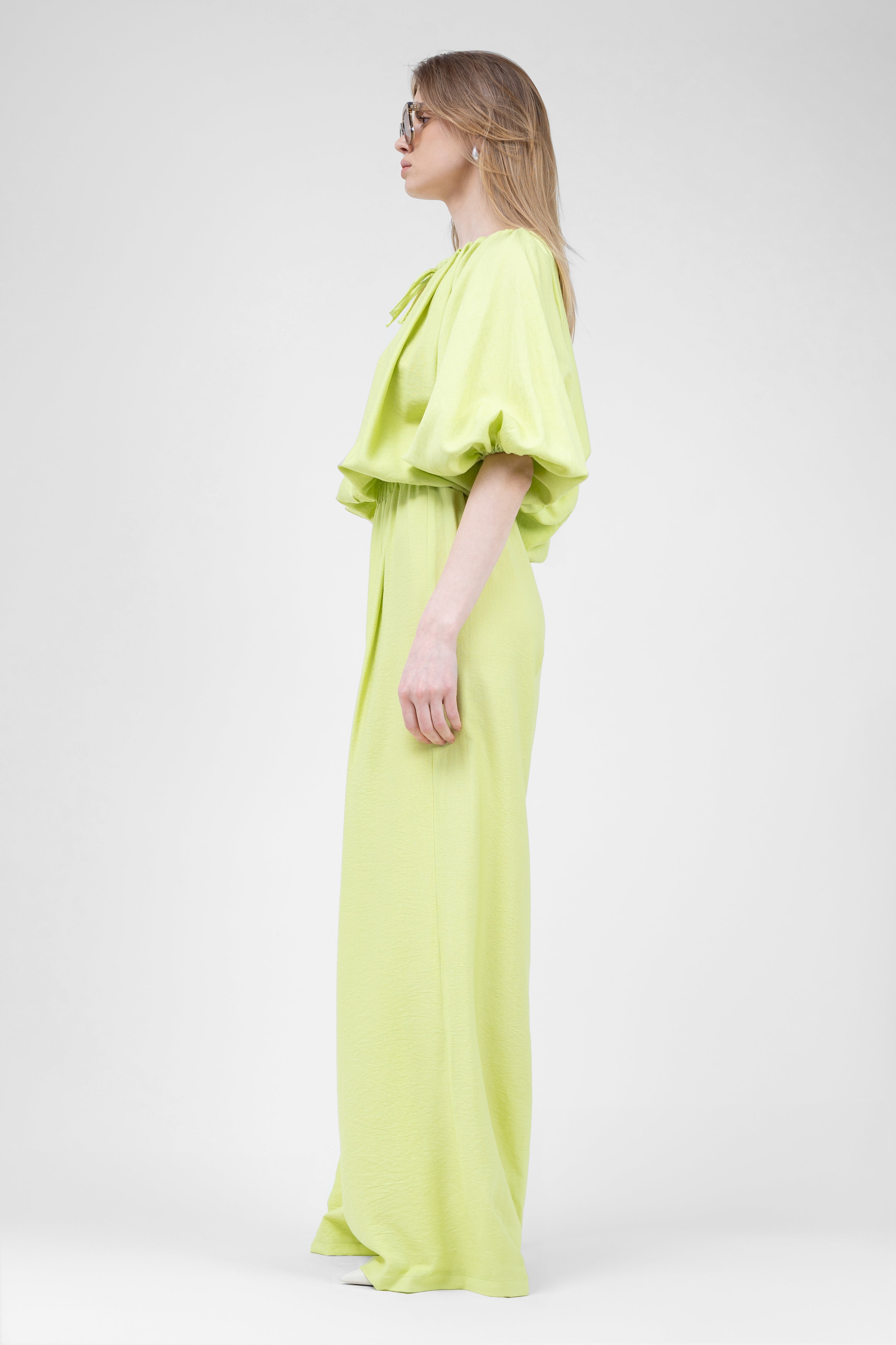 Neon Linen matching set with flowy blouse and wide leg trousers