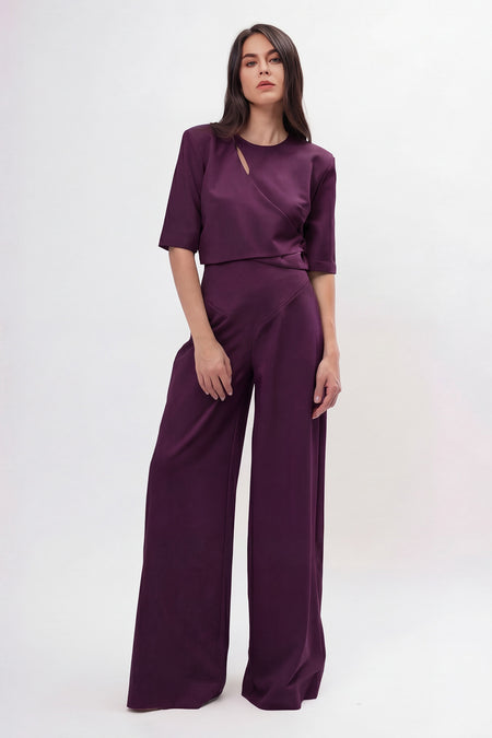 Plum Purple Set With Cut-Out Top And Palazzo Pants