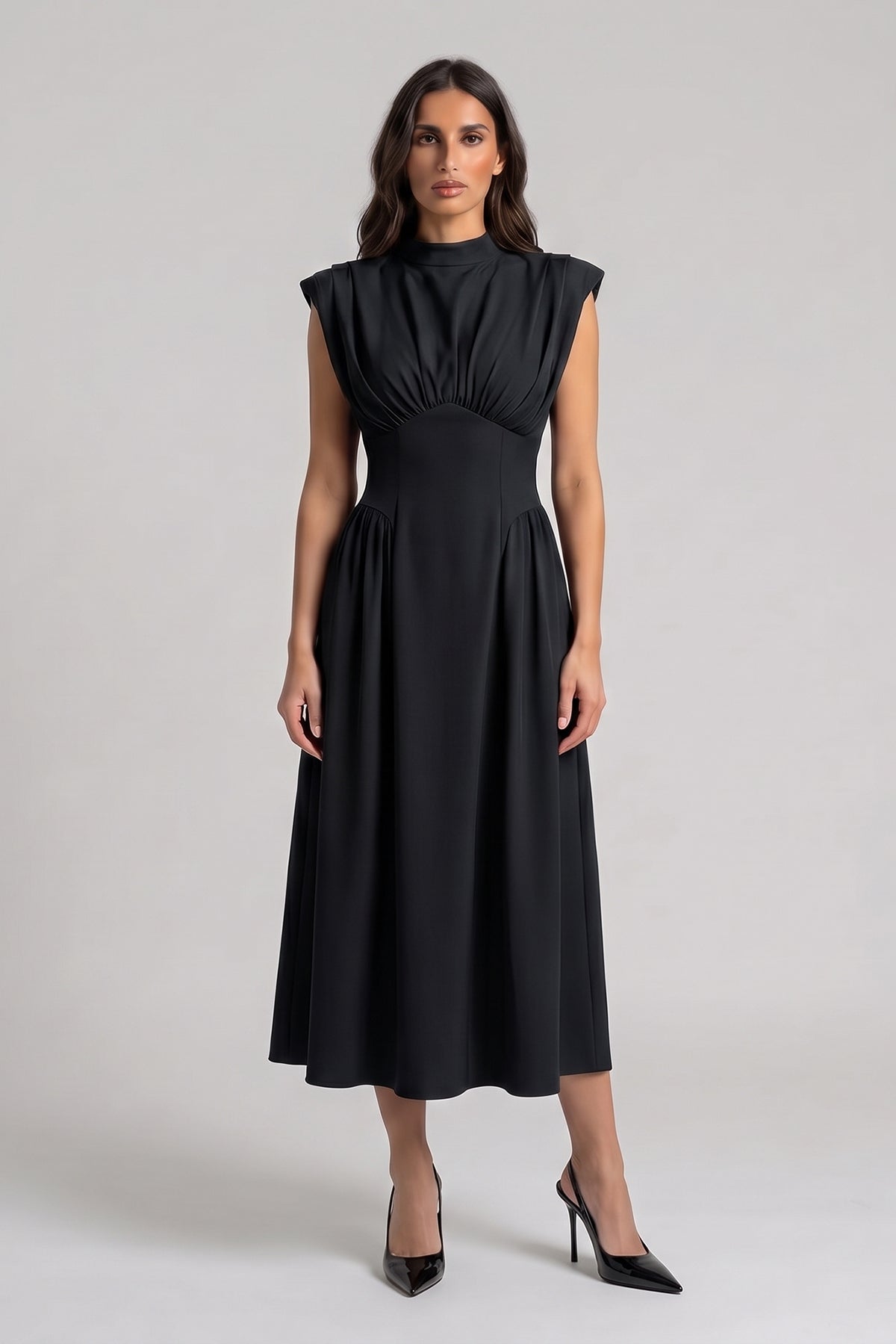 Black midi dress with corset-style waist in fluid viscose fabric
