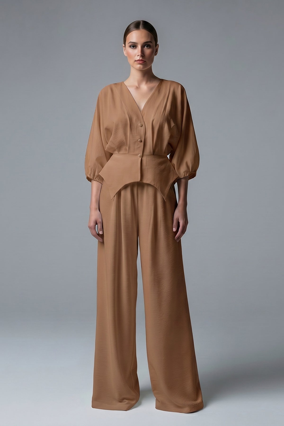 Brown set with structured top and wide-leg trousers
