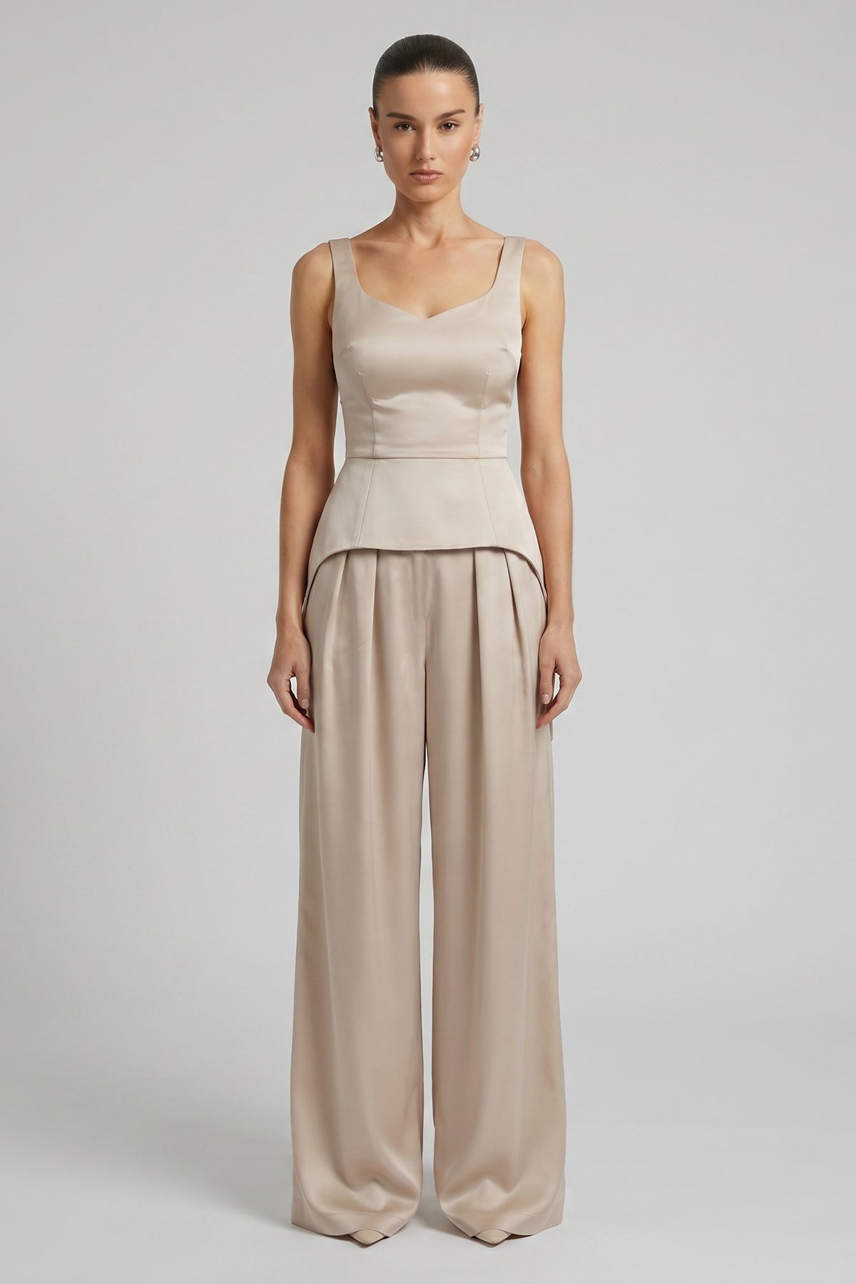 Beige Elegant Satin Set with Corset and Wide-Leg Trousers