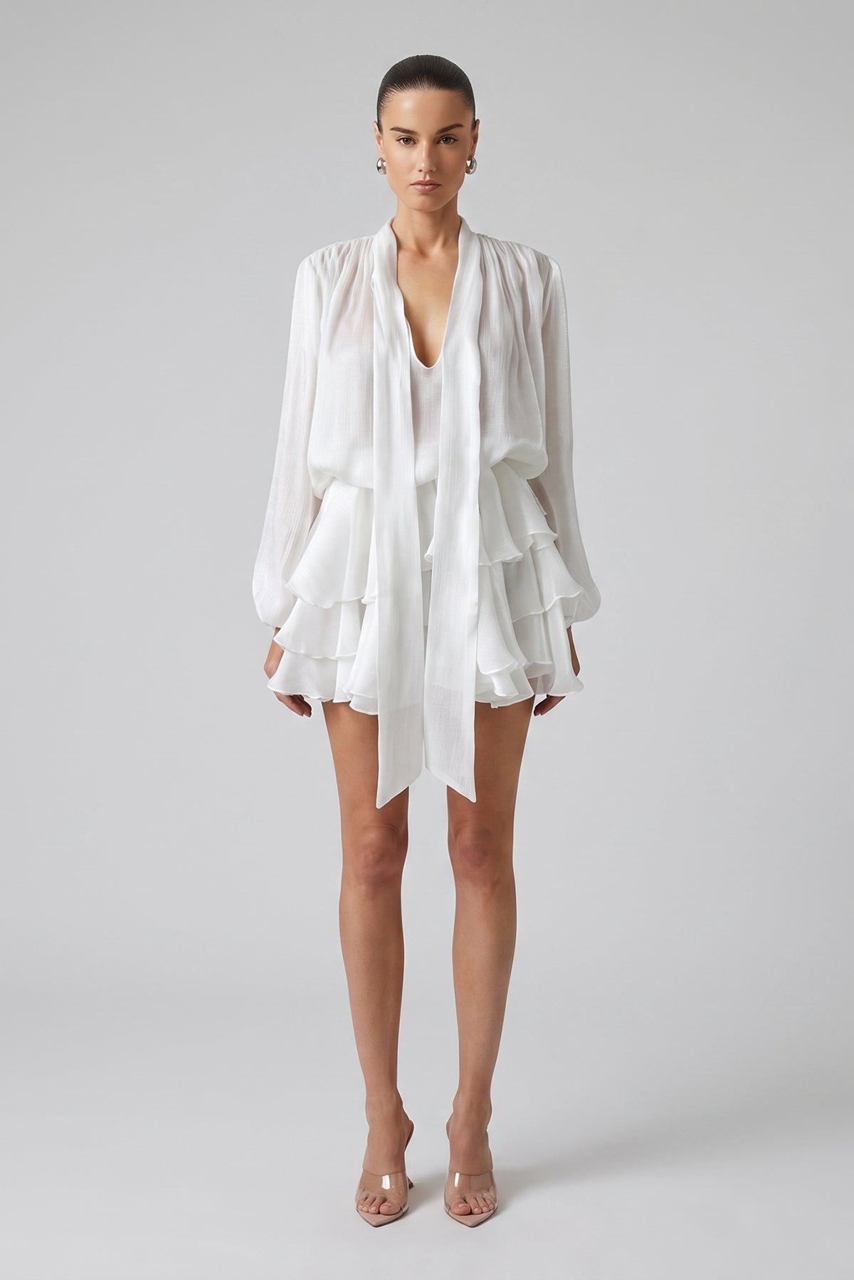 White Shimmering Viscose Set with Scarf and Ruffled Skirt
