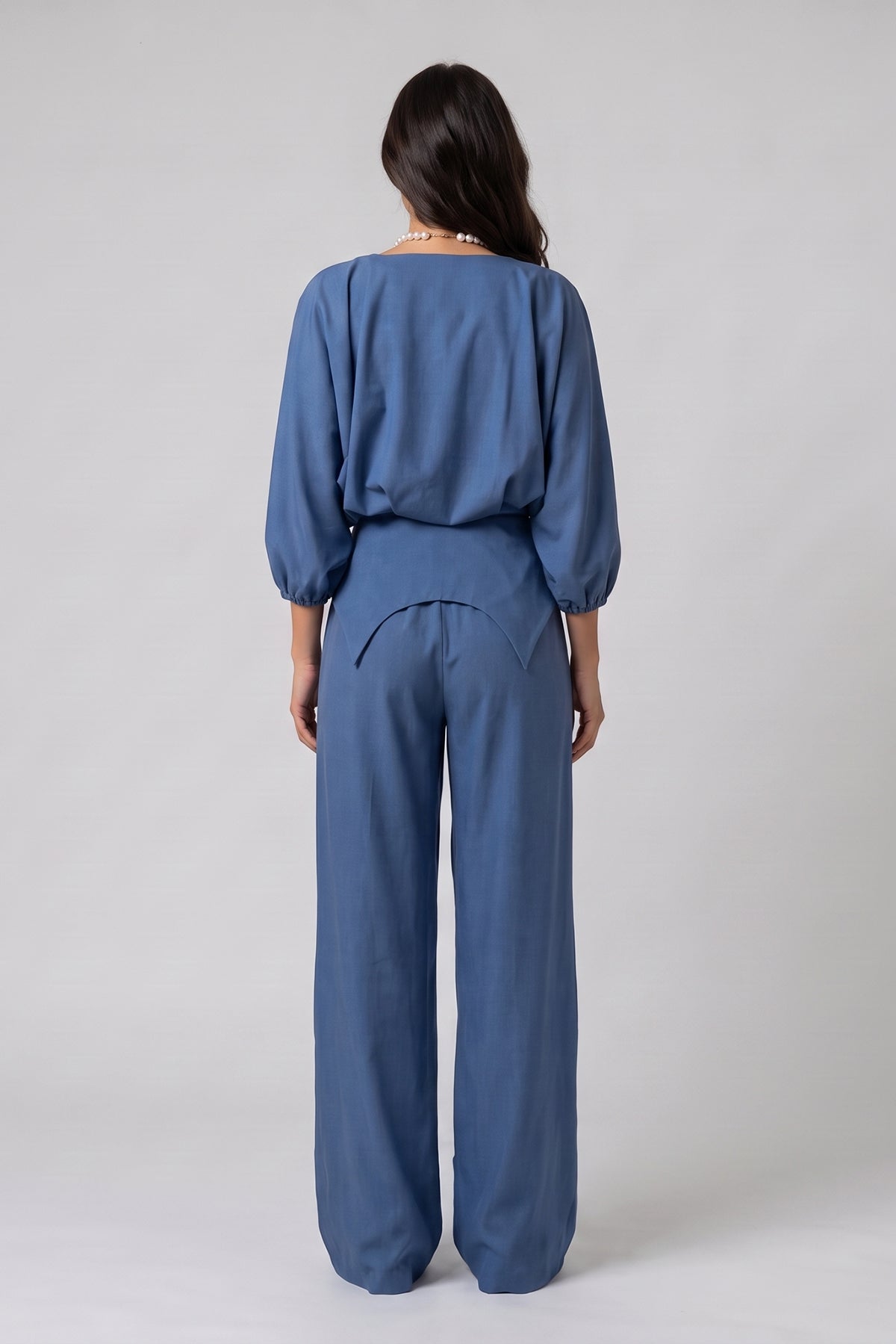 Denim Structured Top & Wide-Leg Trousers Set